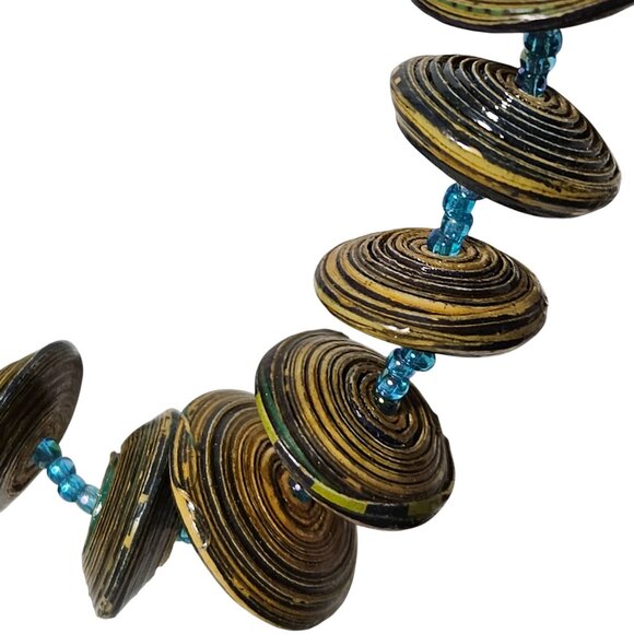 Boho Handmade Multicolor Paper Disc Bead Necklace Blue Accents Eco Friendly - Picture 2 of 5